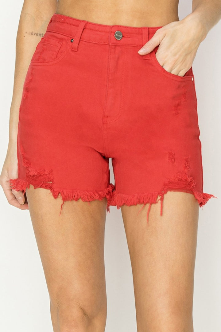 RISEN Fiesta Fire High Rise Distressed Denim Shorts