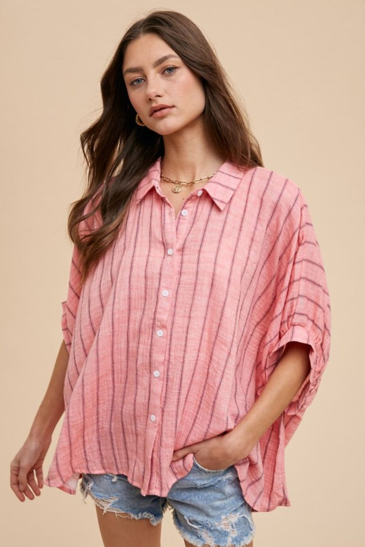 Annie Wear Striped Button Up Half Sleeve Shirt In Coral