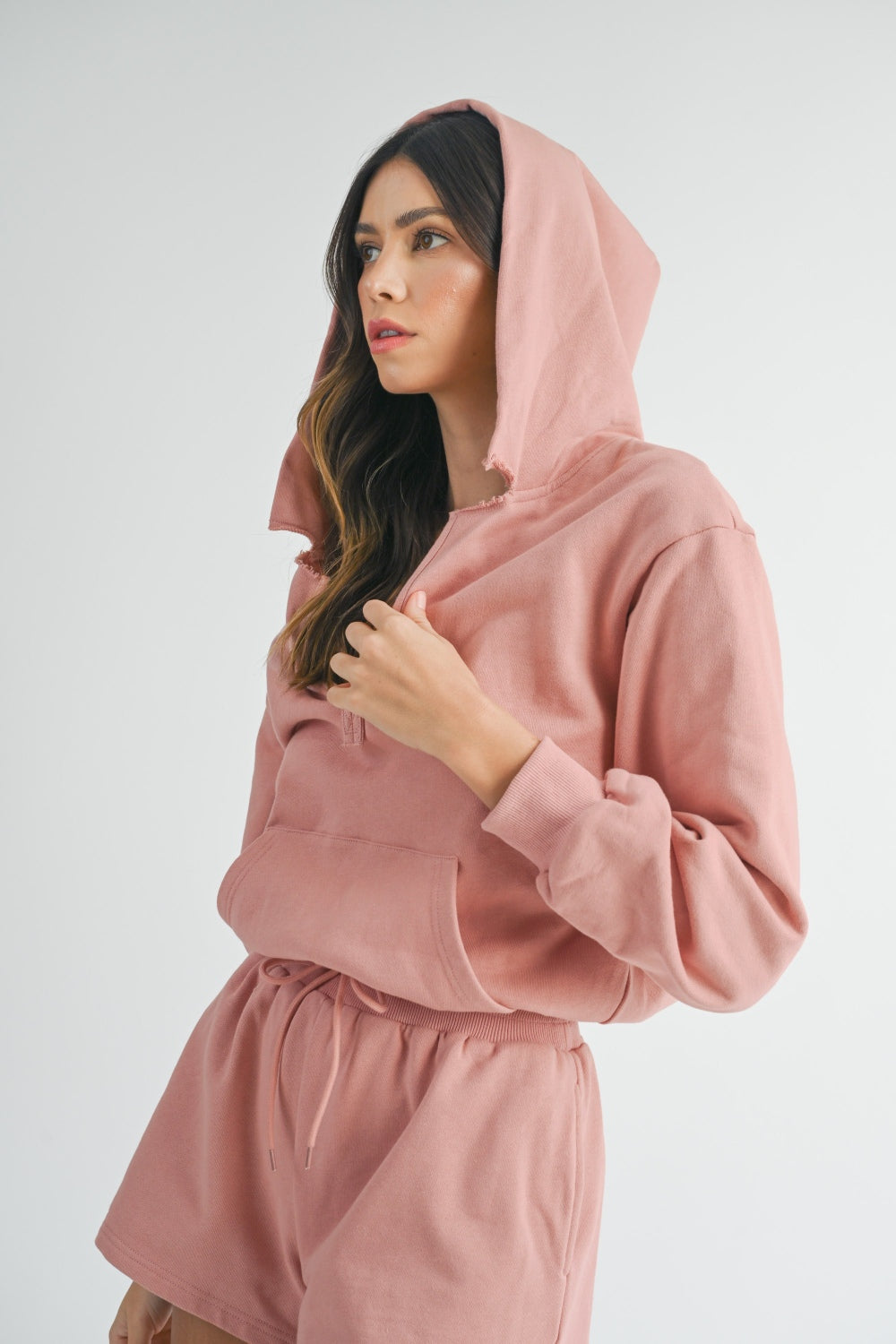 MABLE French Terry Hooded Romper In Dusty Mauve