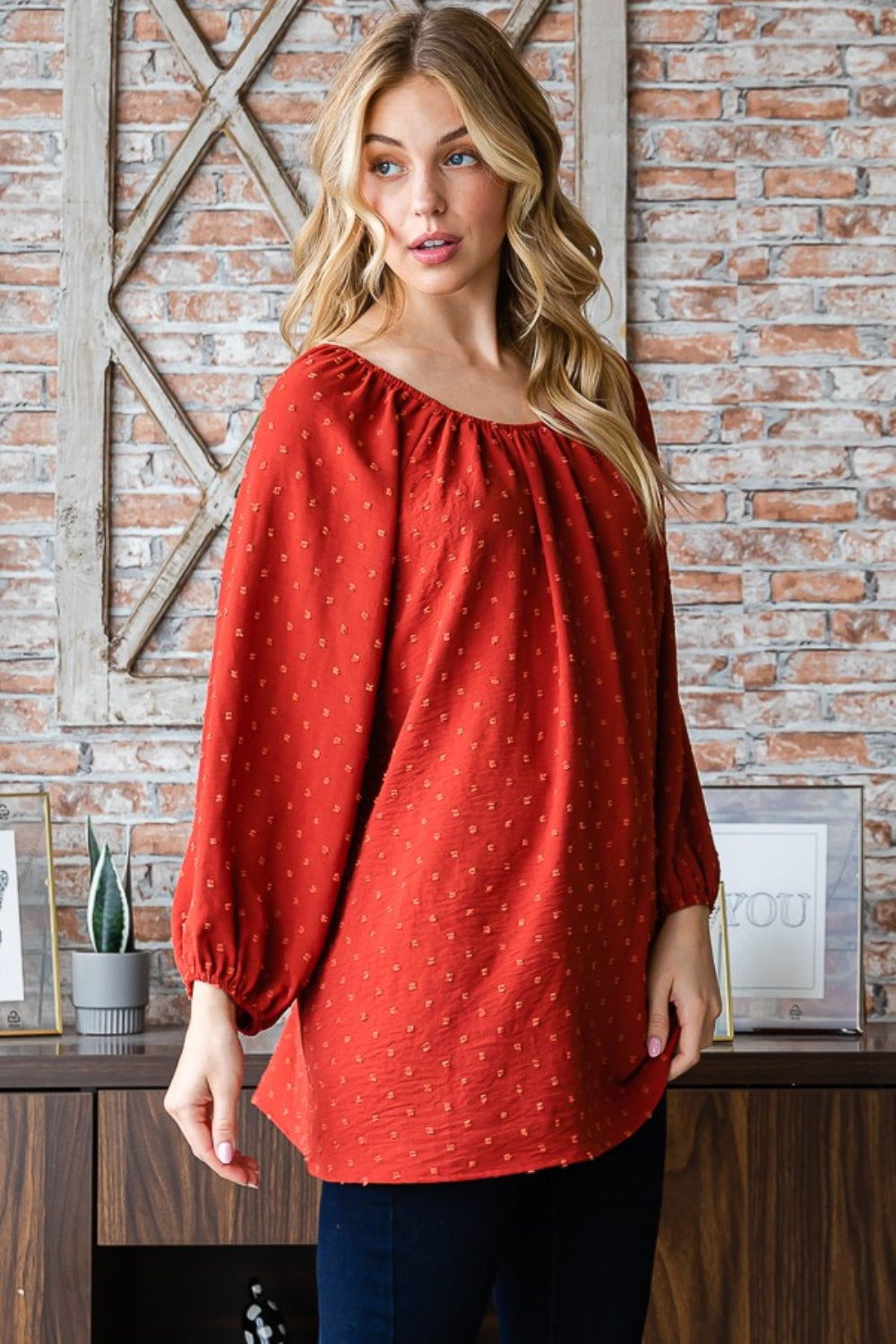 Heimish Swiss Dot Off Shoulder Top In Rust