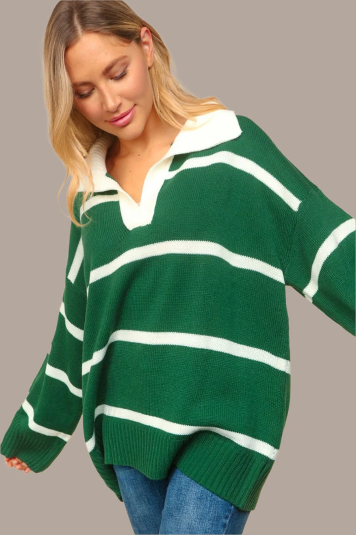 Haptics Collared Neck Striped Contrast Sweater In Hunter Green