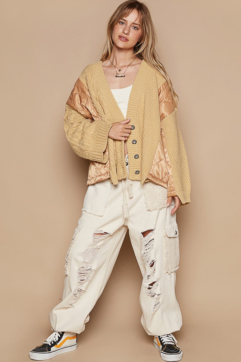 POL Quilting Patch Button Up Cable Knit Jacket In Camel