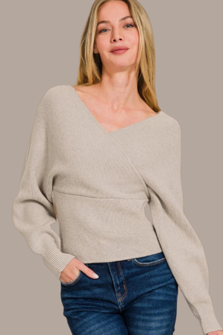 Zenana Cross Wrap Rib Long Sleeve Sweater In Mocha