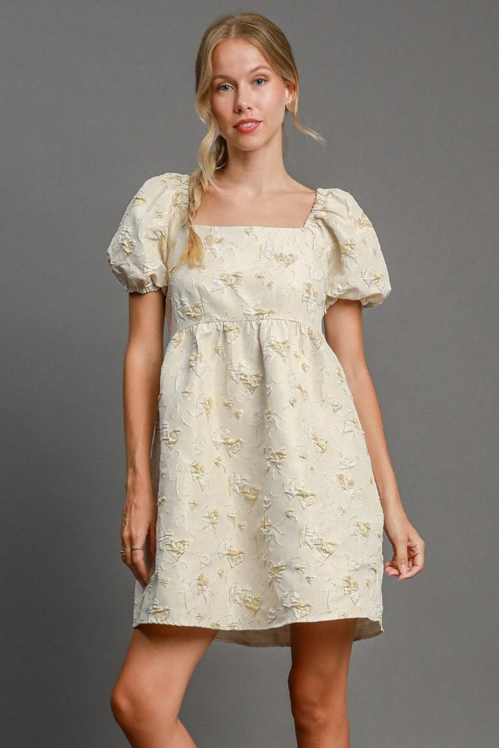 Umgee Heart Jacquard Puff Sleeve Mini Dress In Cream