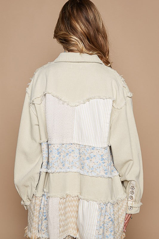 POL Raw Hem Patchwork Jacket In Beige