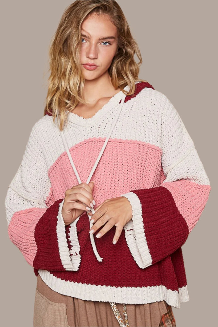 POL Color Block Long Sleeve Hooded Sweater In Pink Burgundy Multi