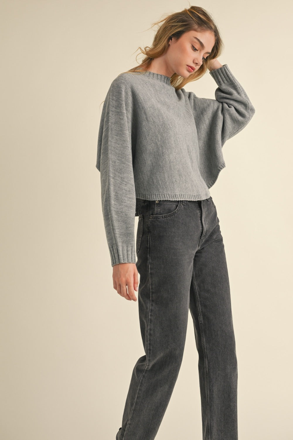 Mable Round Neck Dolman Sleeve Cropped Sweater In H Grey