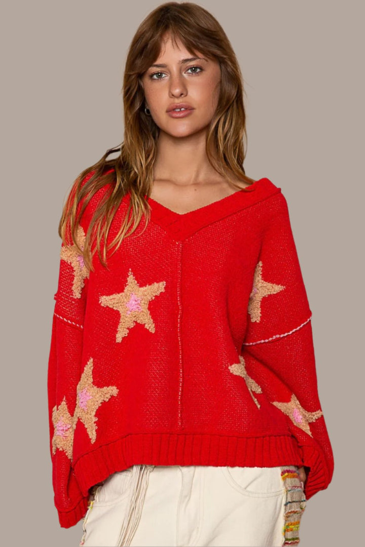 POL Long Sleeve Star Patch Sweater In Apple Red