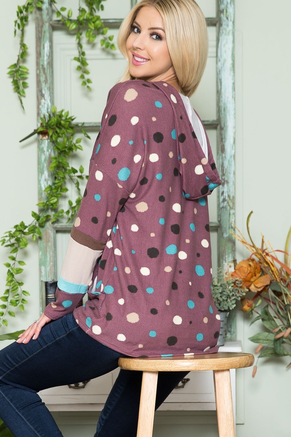 Celeste Polka Dot Drawstring Hoodie In Plum