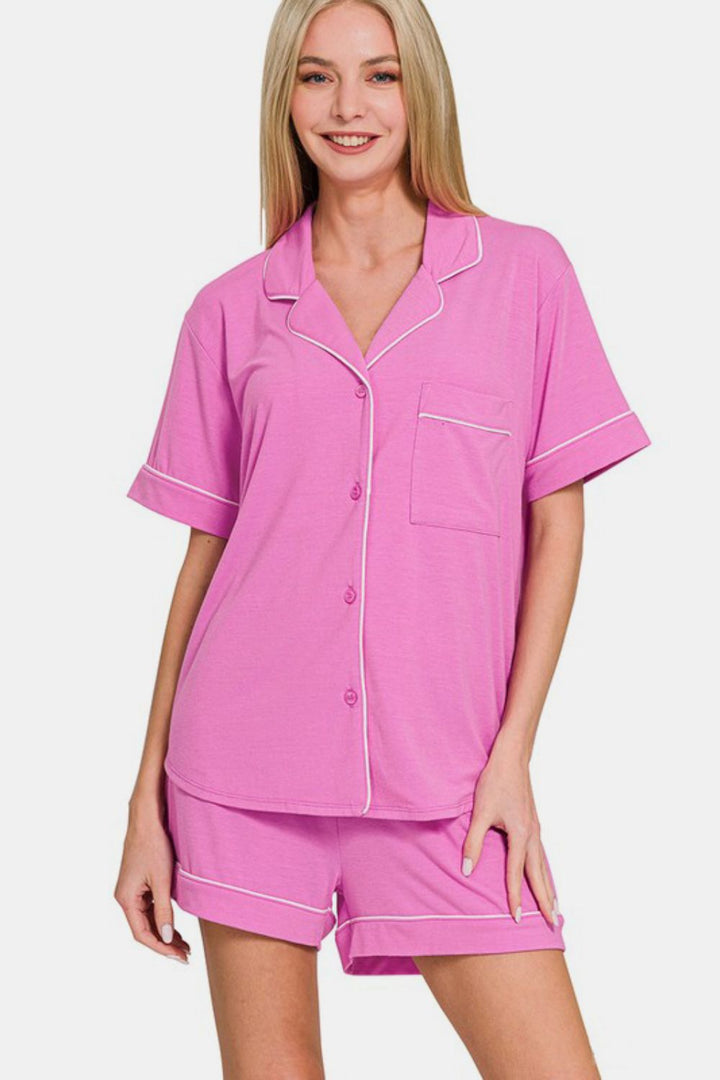 Zenana Button Down Top and Shorts Lounge Set In Bright Mauve