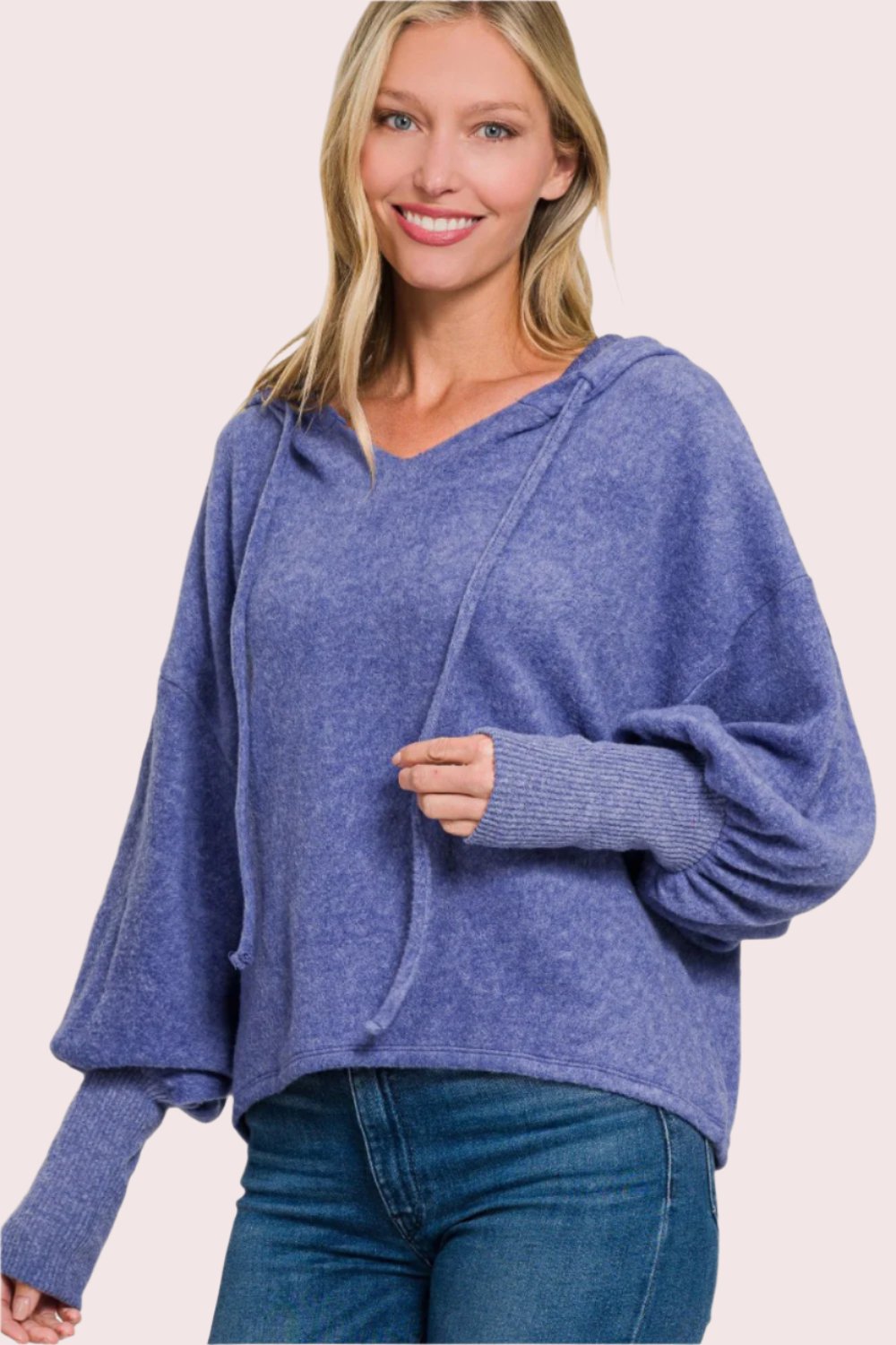 Zenana Brushed Hacci Drop Shoulder Cropped Hoodie In Marlin