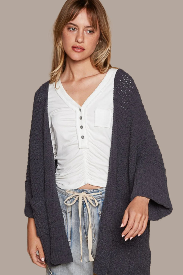 POL Open Front Sweater Cardigan with Pockets In Ink Charcoal