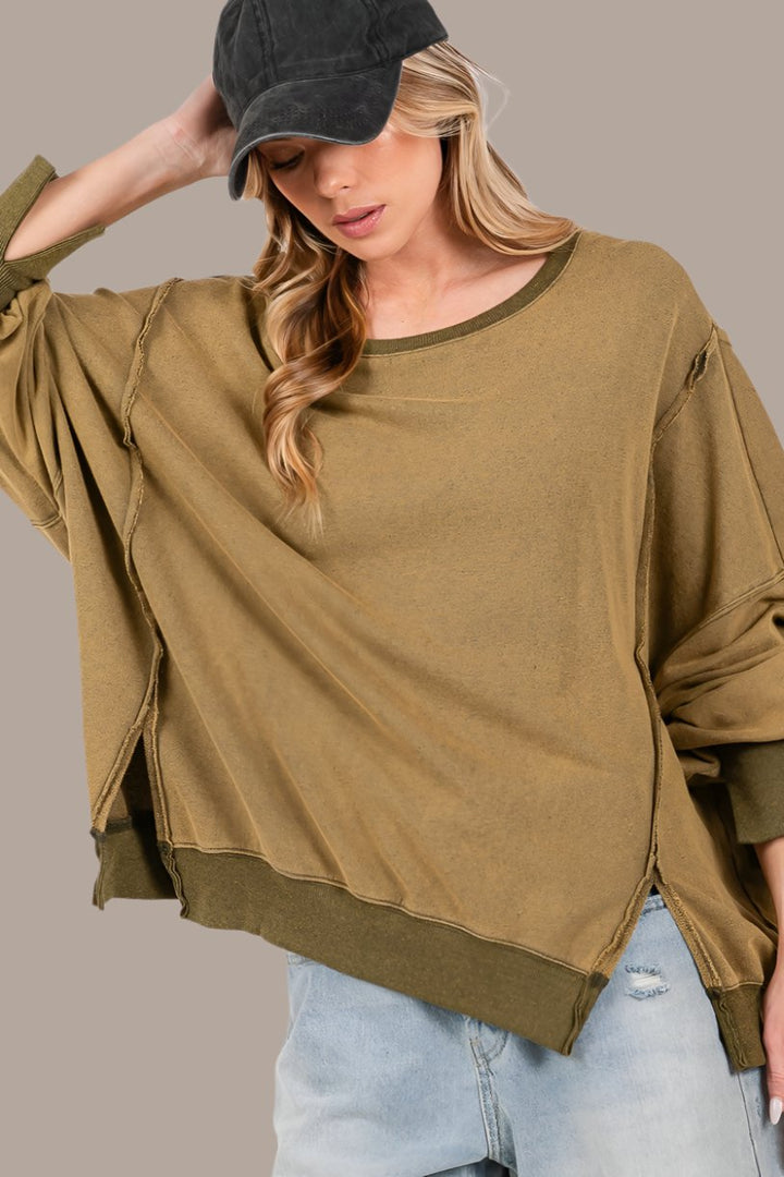 SAGE + FIG Mineral Wash Side Slit Oversized Sweatshirt In Olive