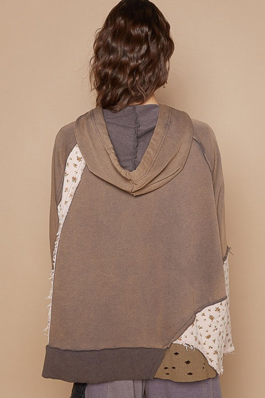 POL Floral Patchwork Distressed Hoodie In Mocha