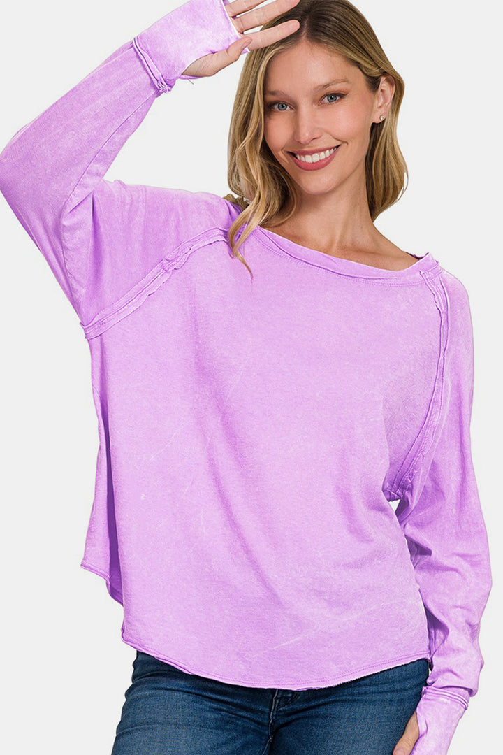 Zenana Round Neck Thumbhole Long Sleeve Top In Lavender