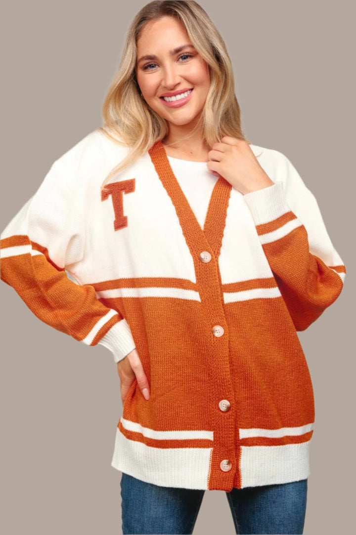 Haptics V Neck Button Down Letter Patch Cardigan In Burnt Orange