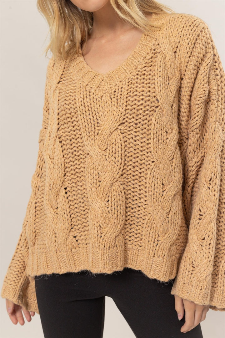 HYFVE Cable Knit V-Neck Sweater In Taupe