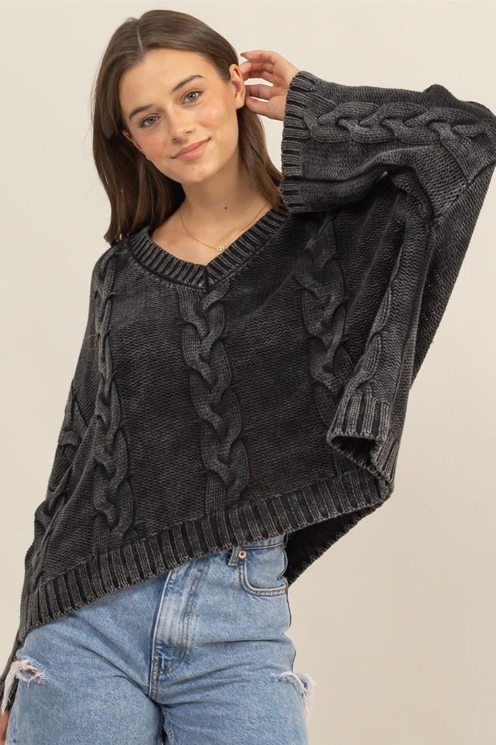 HYFVE Cable Knit V-Neck Dropped Shoulder Oversized Sweater In Charcoal