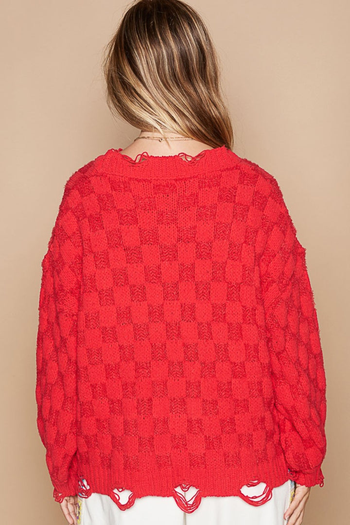 POL Checkered Distressed Edge Sweater In Candy Apple