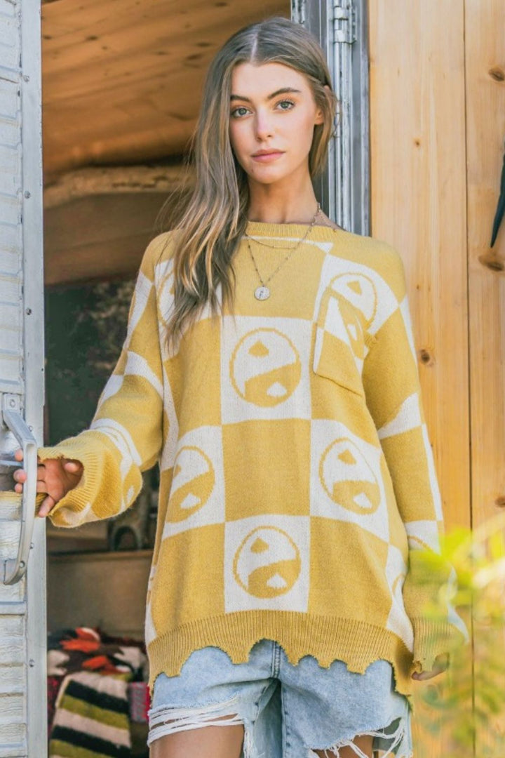 And The Why Checkerboard Sweater with Yin Yang Pattern In Mustard