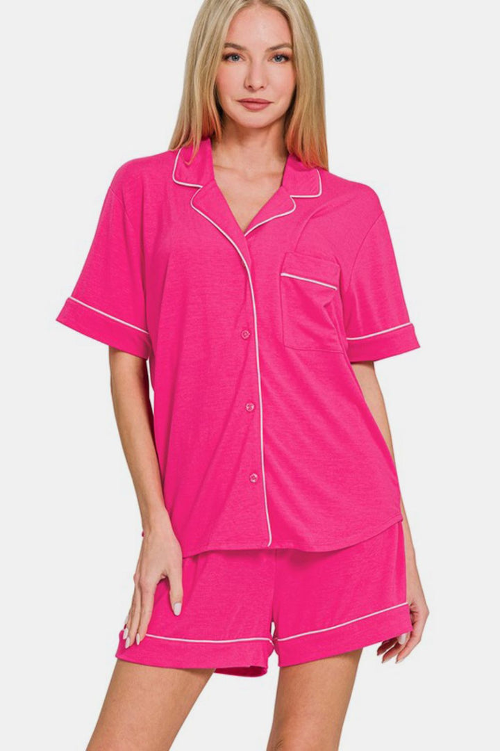 Zenana Button Down Top and Shorts Lounge Set In Hot Pink