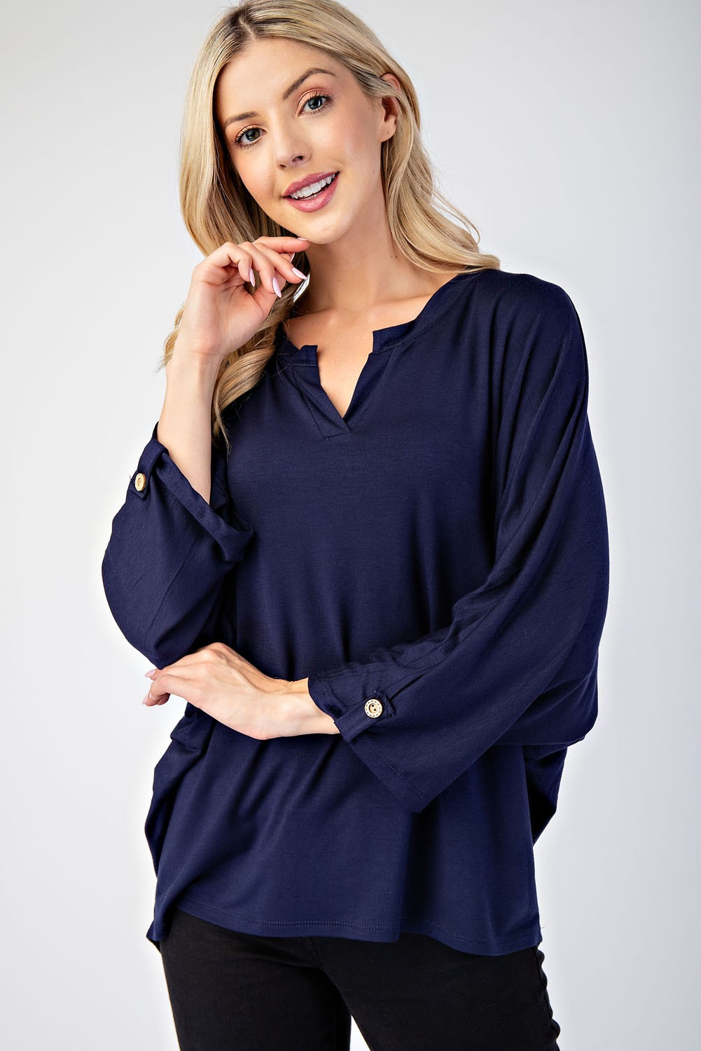 Celeste Notched Three-Quarter Sleeve Blouse In Navy