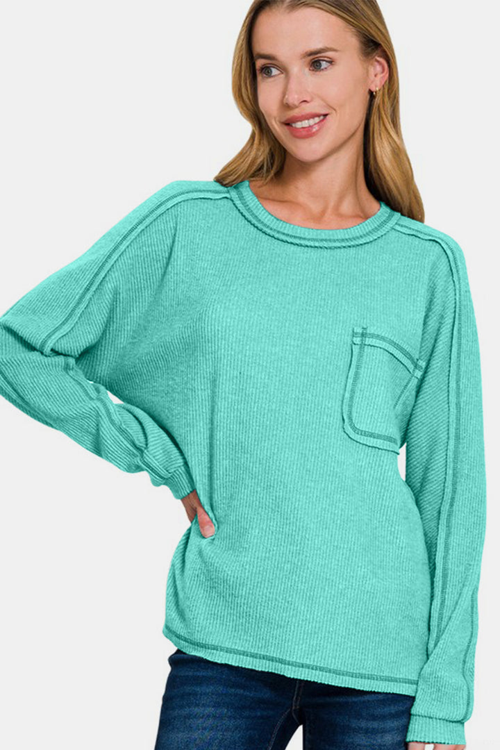 Zenana Brushed Ribbed Hacci Knit Top In Turquoise