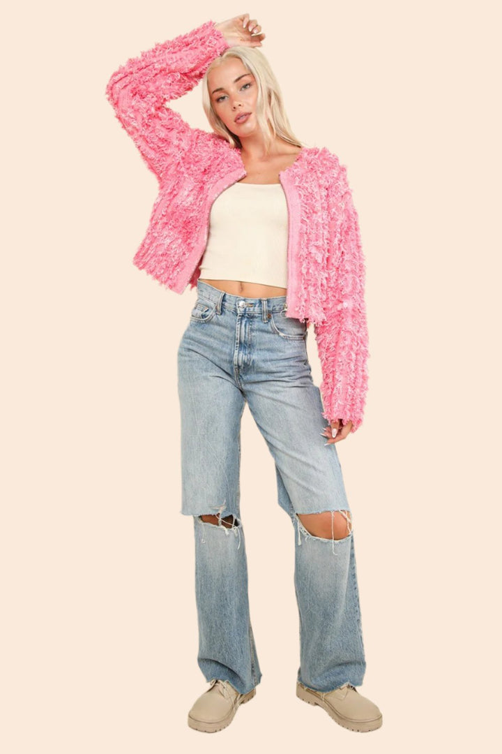 VERY J Shaggy Yarn Knit Zip Up Jacket In Pink