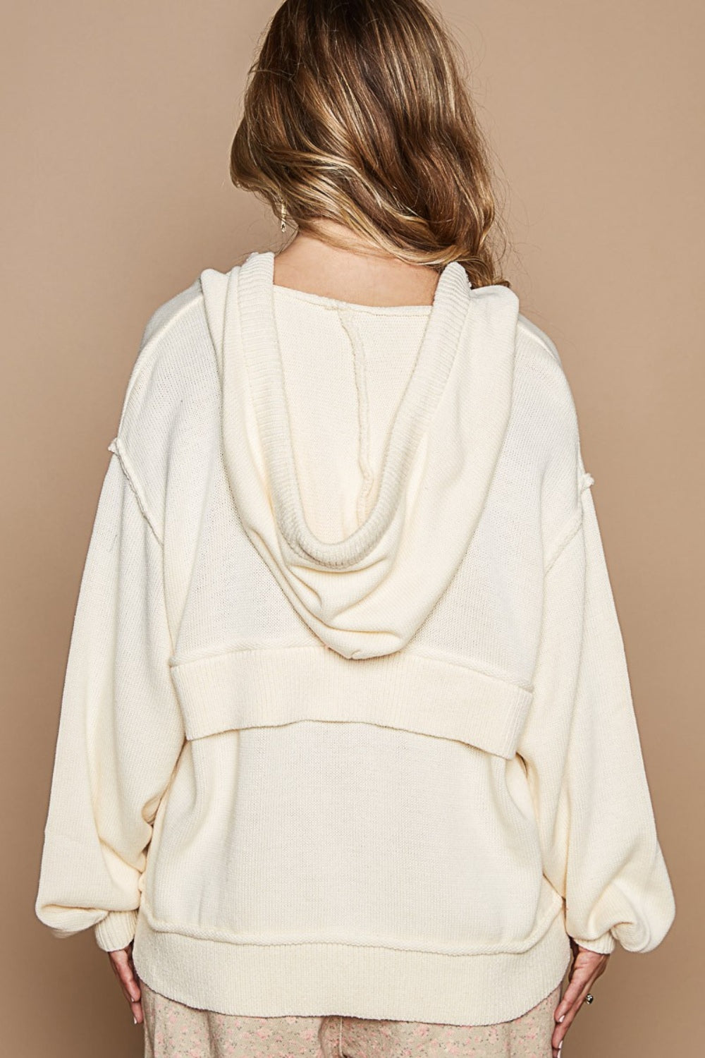 POL Half Zip Drop Shoulder Hooded Sweater In Cream