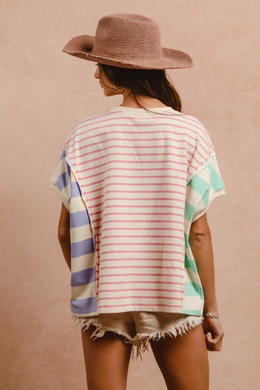 BiBi Slit Exposed Seam Striped Top In Pink