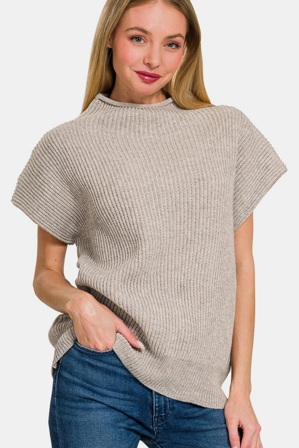 Zenana Short Sleeve Mock Neck Sweater In H Mocha