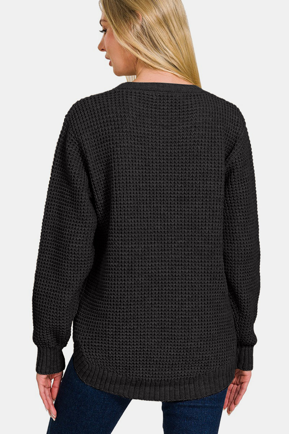 Zenana High Low Waffle Sweater In Black