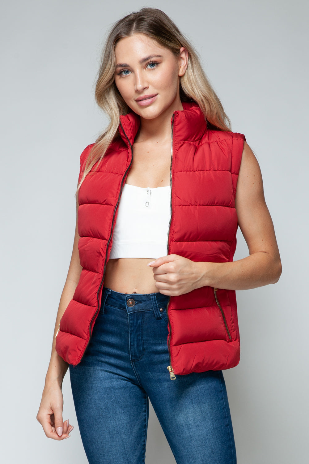 Snobbish Zip Up Turtleneck Vest with Pockets In Red