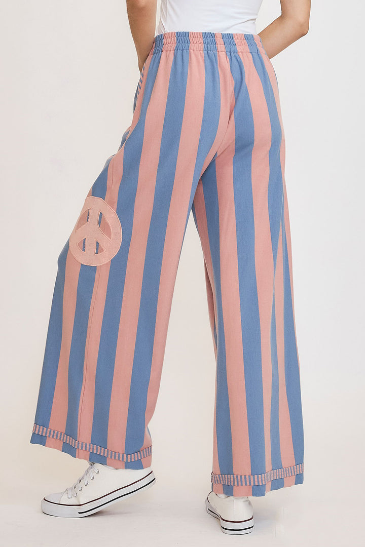 Umgee Peace Sign Patch Striped Wide Leg Pants In Dusty Blue