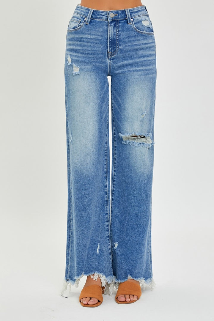 RISEN Haze High Rise Frayed Hem Wide Leg Jeans