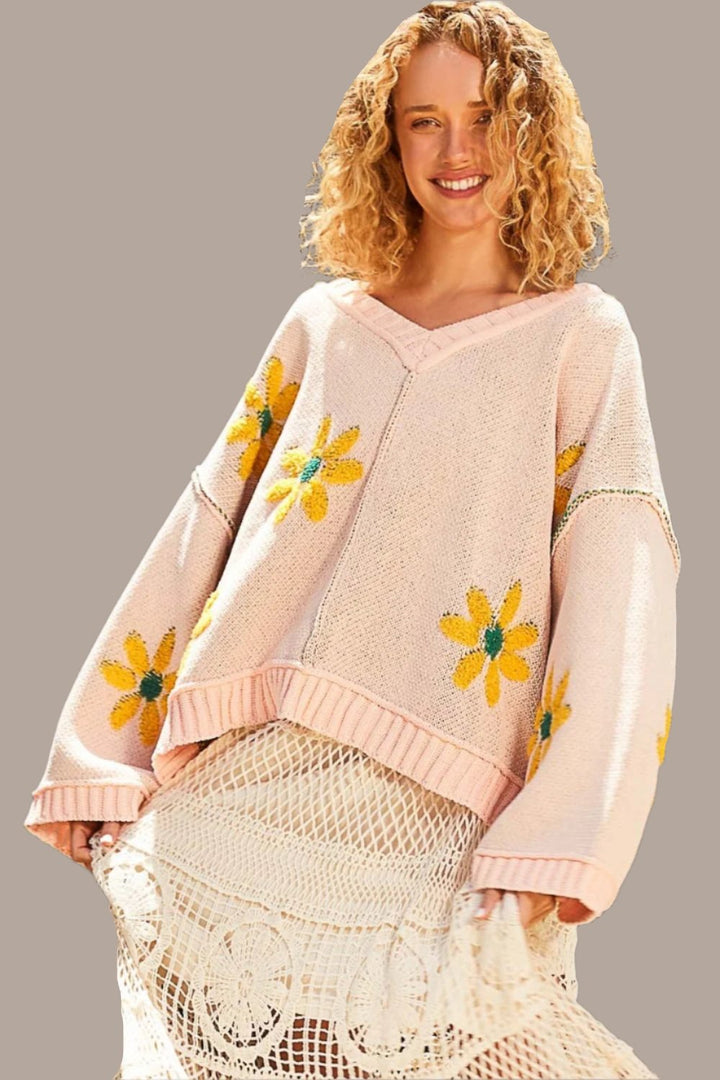 POL V-Neck Floral Pattern Chenille Sweater In Pink Mojito