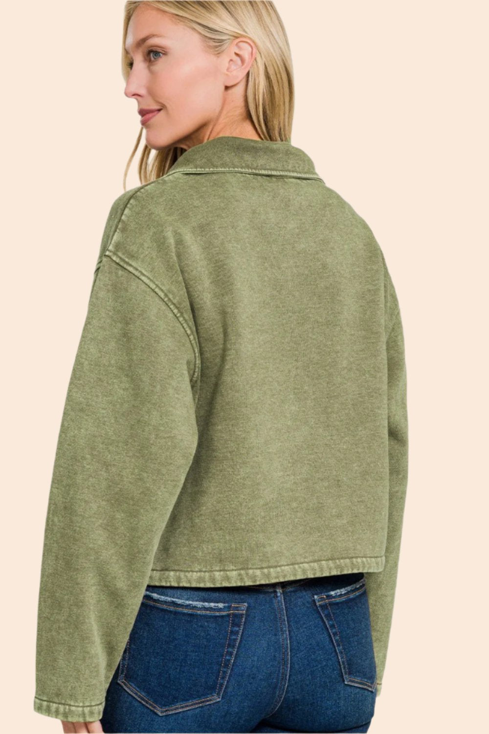 Zenana Acid Wash Fleece Half Snap Sweatshirt with Pocket In LT Olive