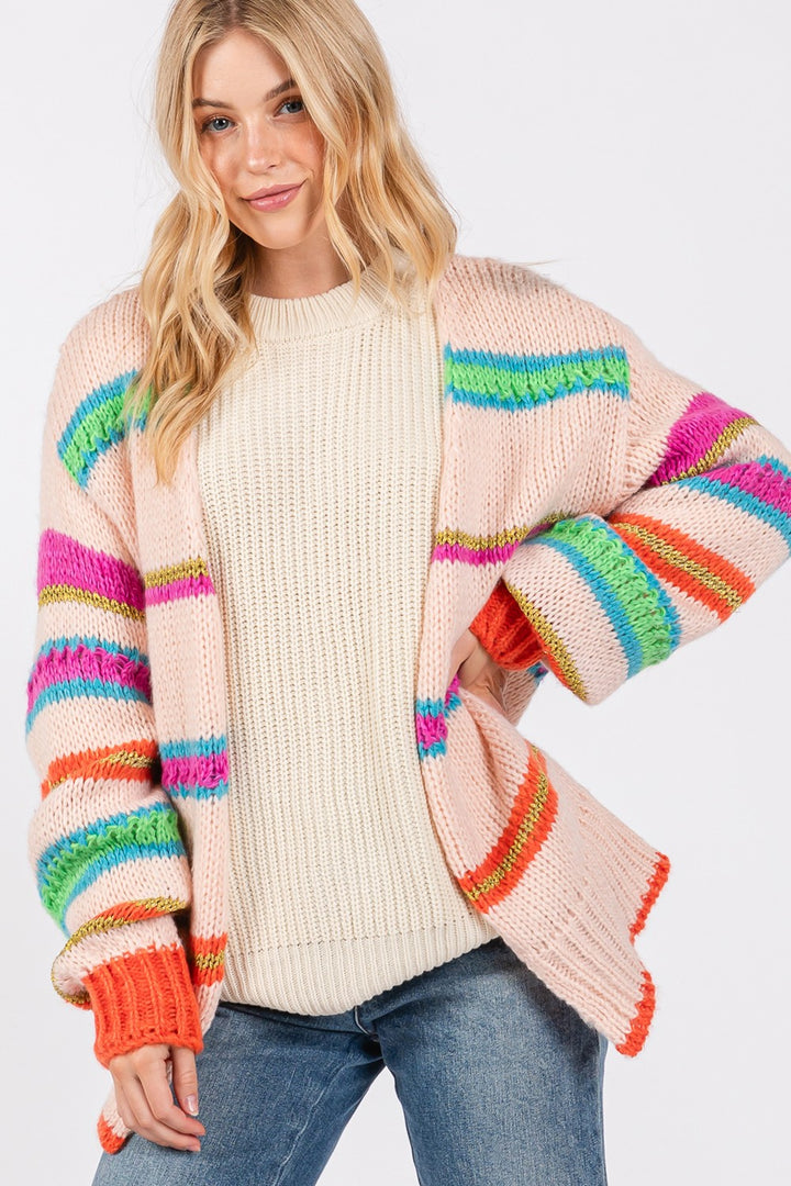 SAGE + FIG Rainbow Striped Open Front Knit Cardigan In Multi