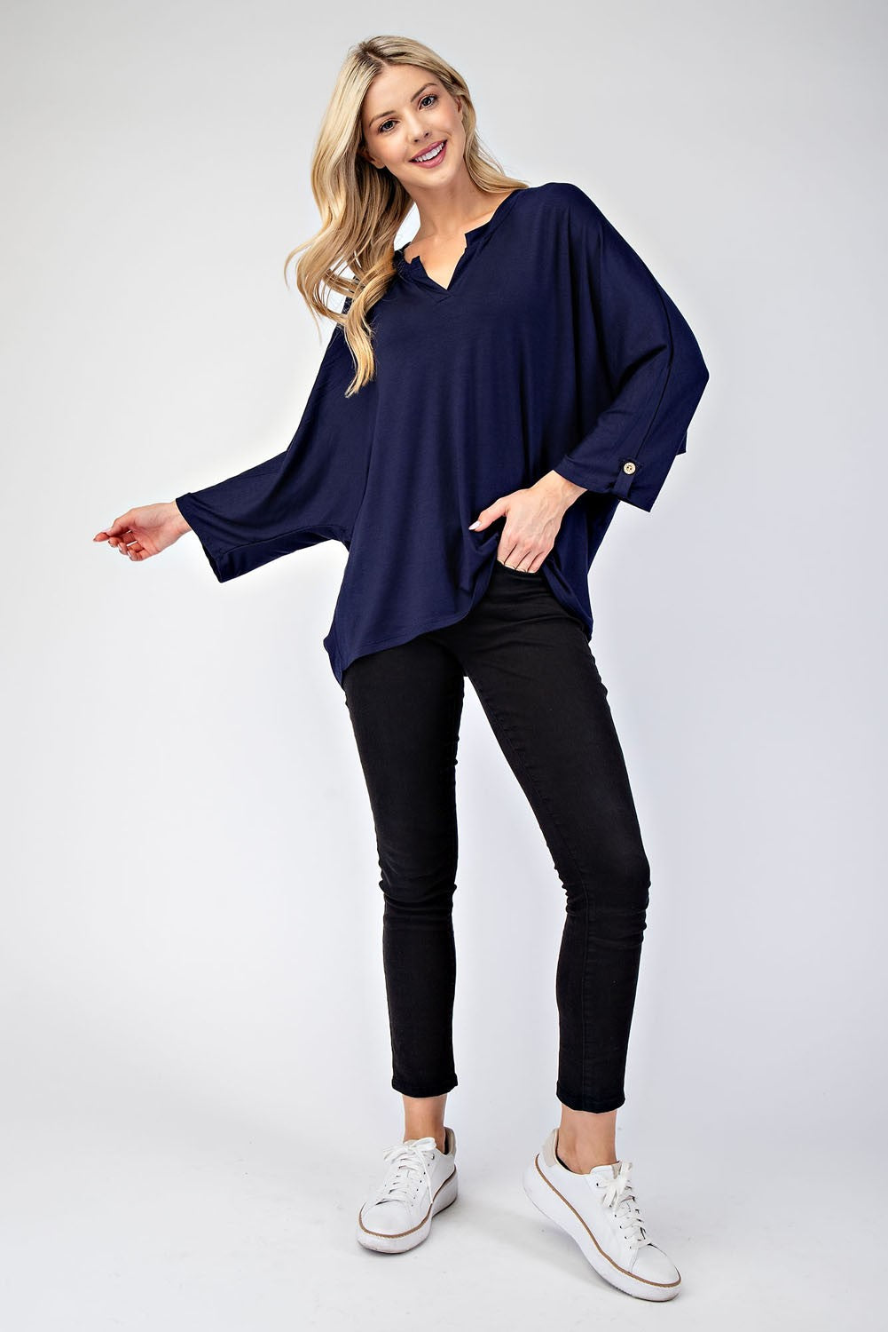 Celeste Notched Three-Quarter Sleeve Blouse In Navy