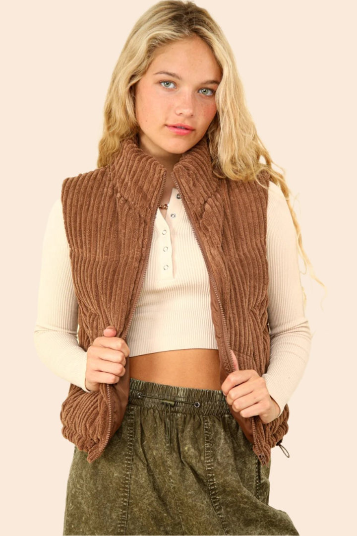 VERY J Zip Up Padded Corduroy Puffer Vest In Chocolate