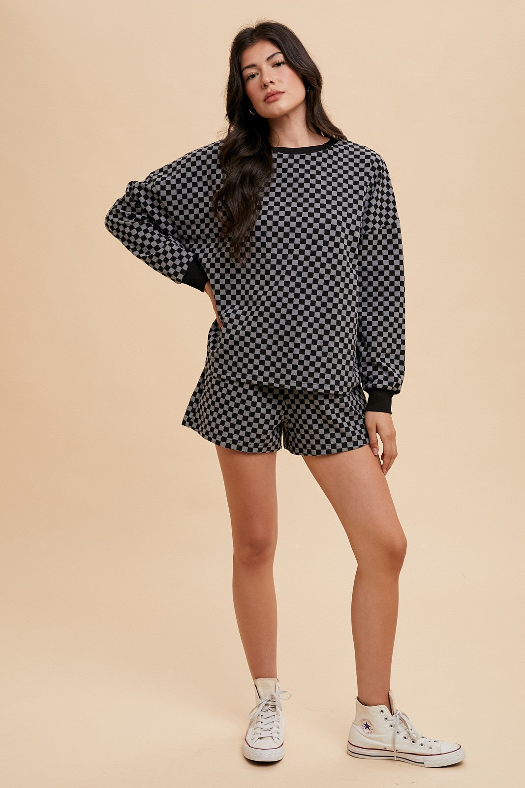 Annie Wear Checkered Top and Drawstring Shorts Set In Black