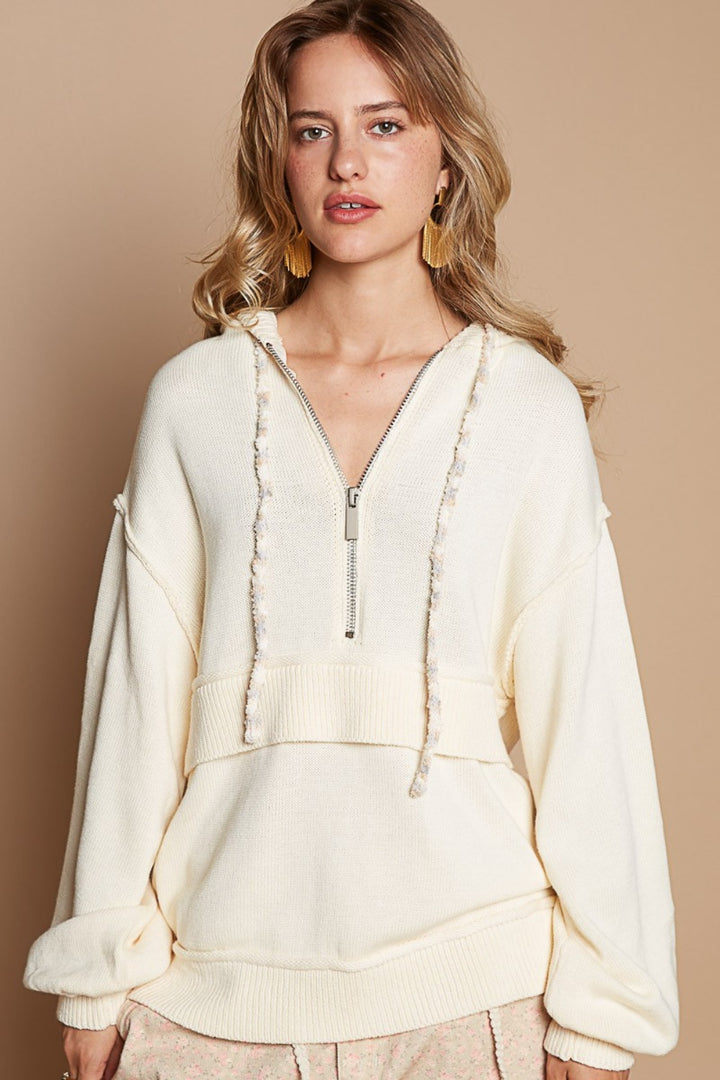 POL Half Zip Drop Shoulder Hooded Sweater In Cream