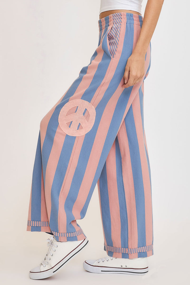 Umgee Peace Sign Patch Striped Wide Leg Pants In Dusty Blue