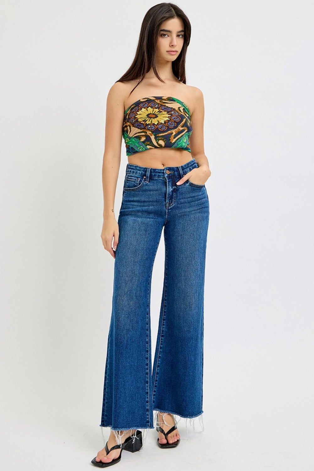 RISEN Tummy Control High Rise Wide Leg Jeans In Dark Wash