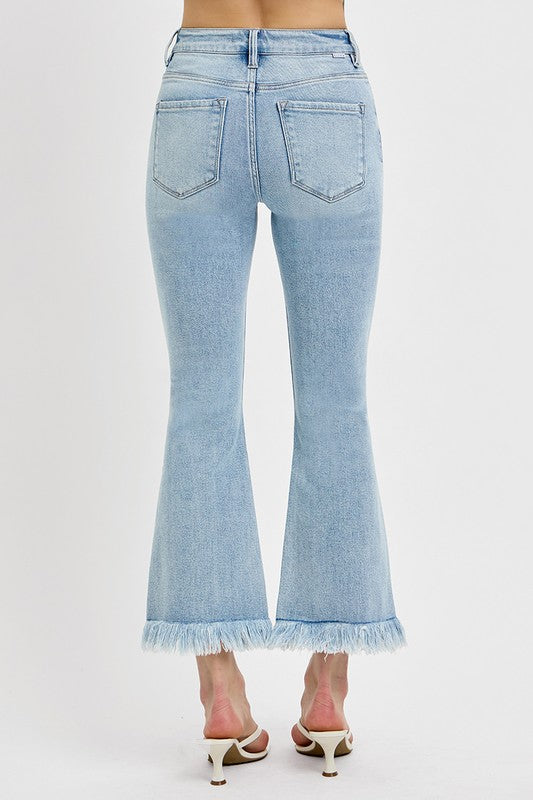 RISEN Raw Hem Distressed Cropped Flare Jeans In Light Wash