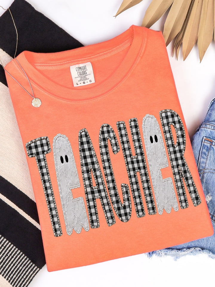 Retro Teacher Halloween Faux Patchwork Comfort Colors Graphic Tee