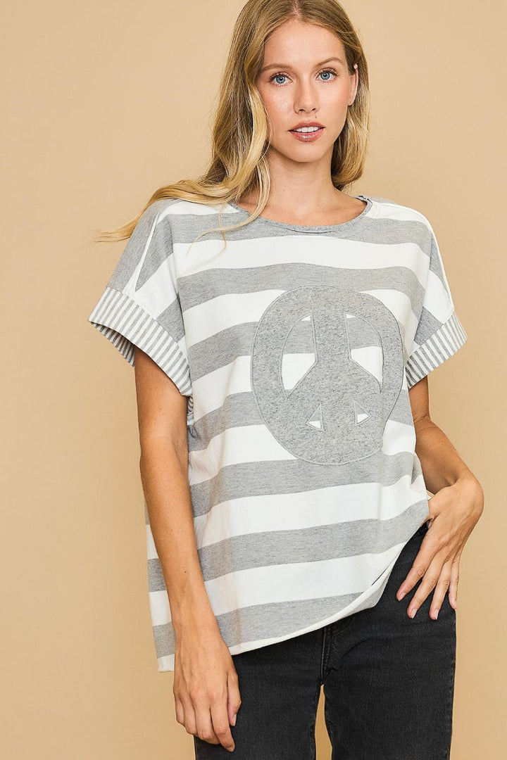 Umgee Peace Sign Patch Striped Top In Gray