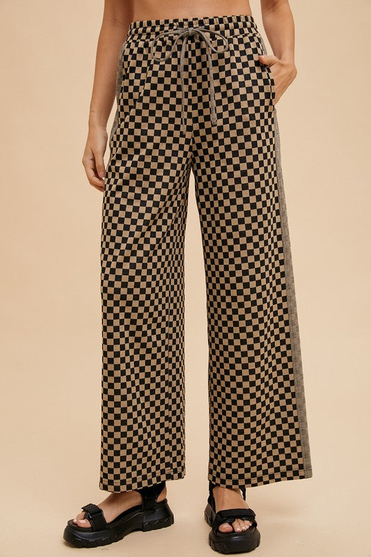 Annie Wear Drawstring Checkered Wide Leg Pants In Camel