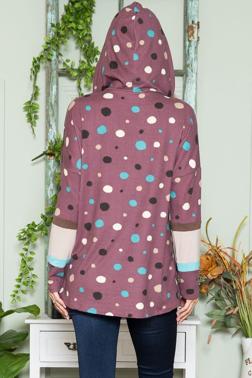 Celeste Polka Dot Drawstring Hoodie In Plum