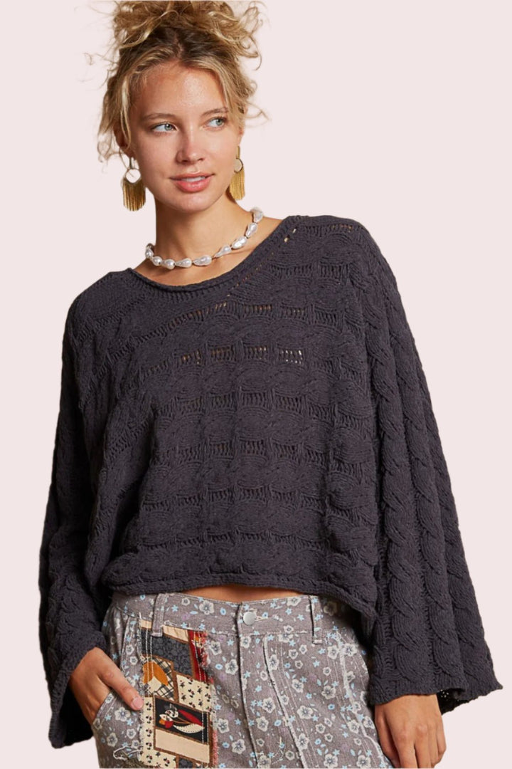 POL Round Neck Cable Knit Cropped Sweater In Charcoal